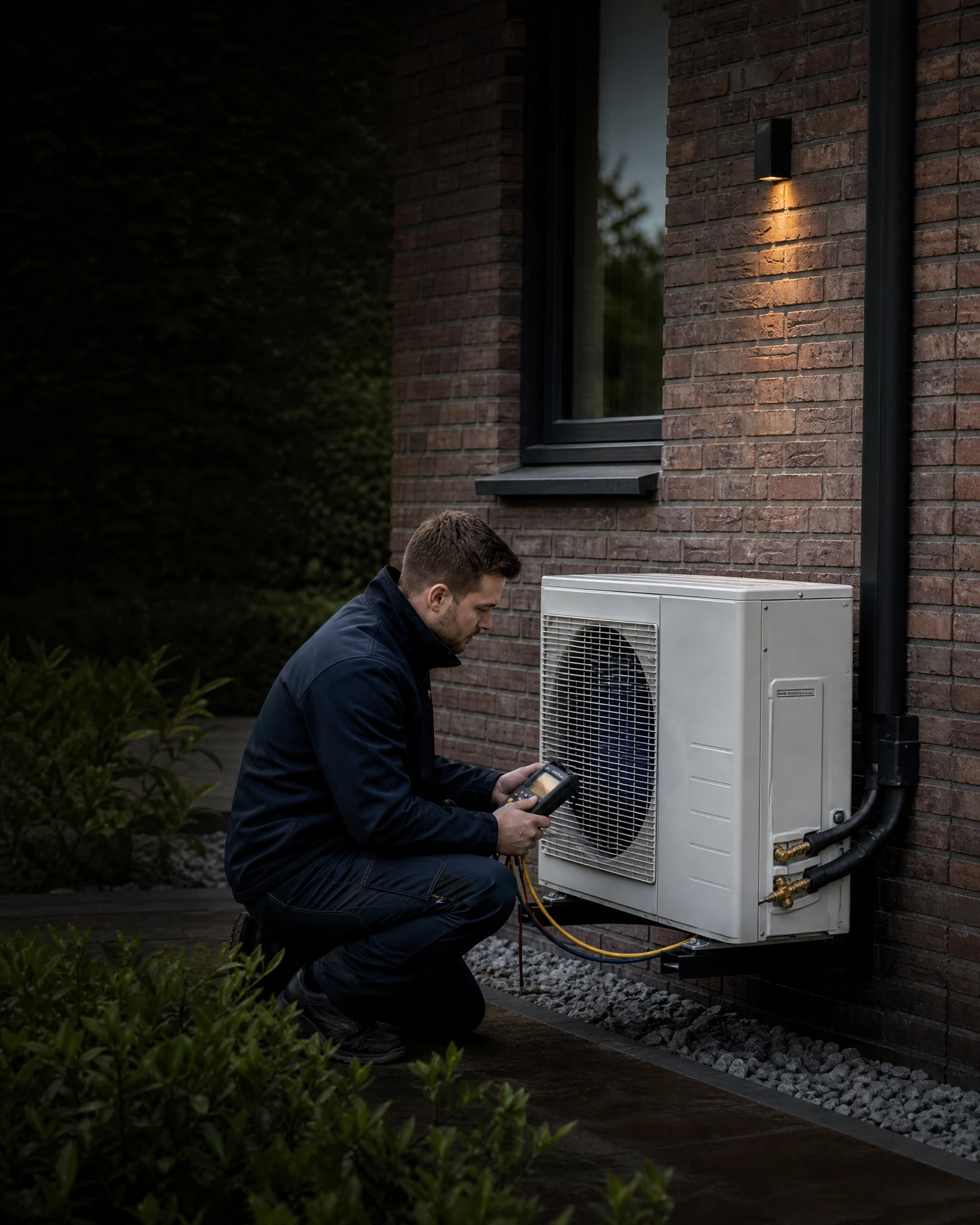 Monteur controleert een professioneel geplaatste airco- en warmtepompinstallatie bij een woning