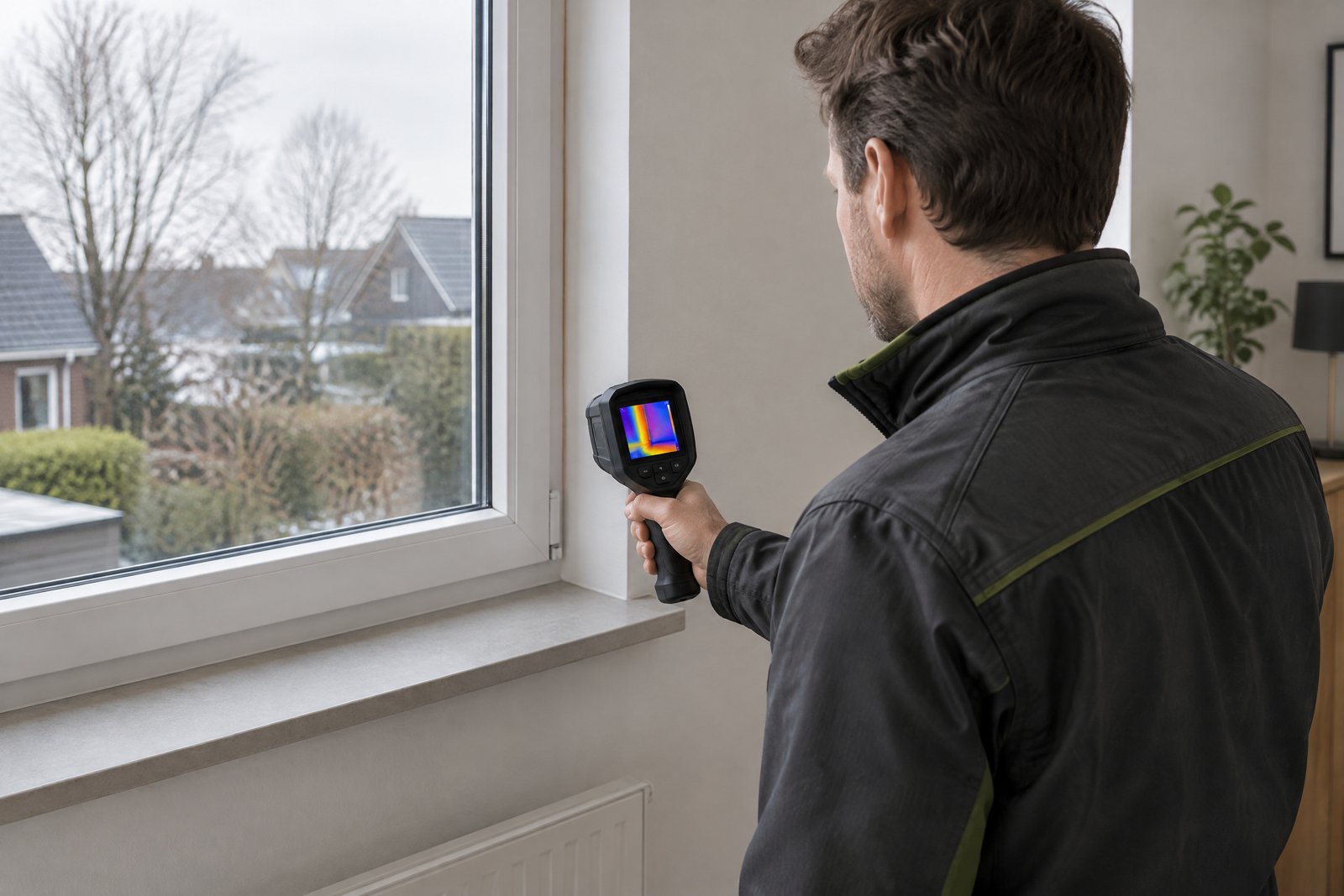 Illustratie van een warmtebeeldcamera bij onderzoek naar koude plekken langs een kozijn